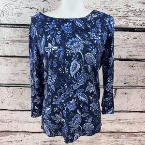 Talbots Women’s  3/4 Sleeve Sweater Paisley Blue Round Neck Cotton Blend Size S
